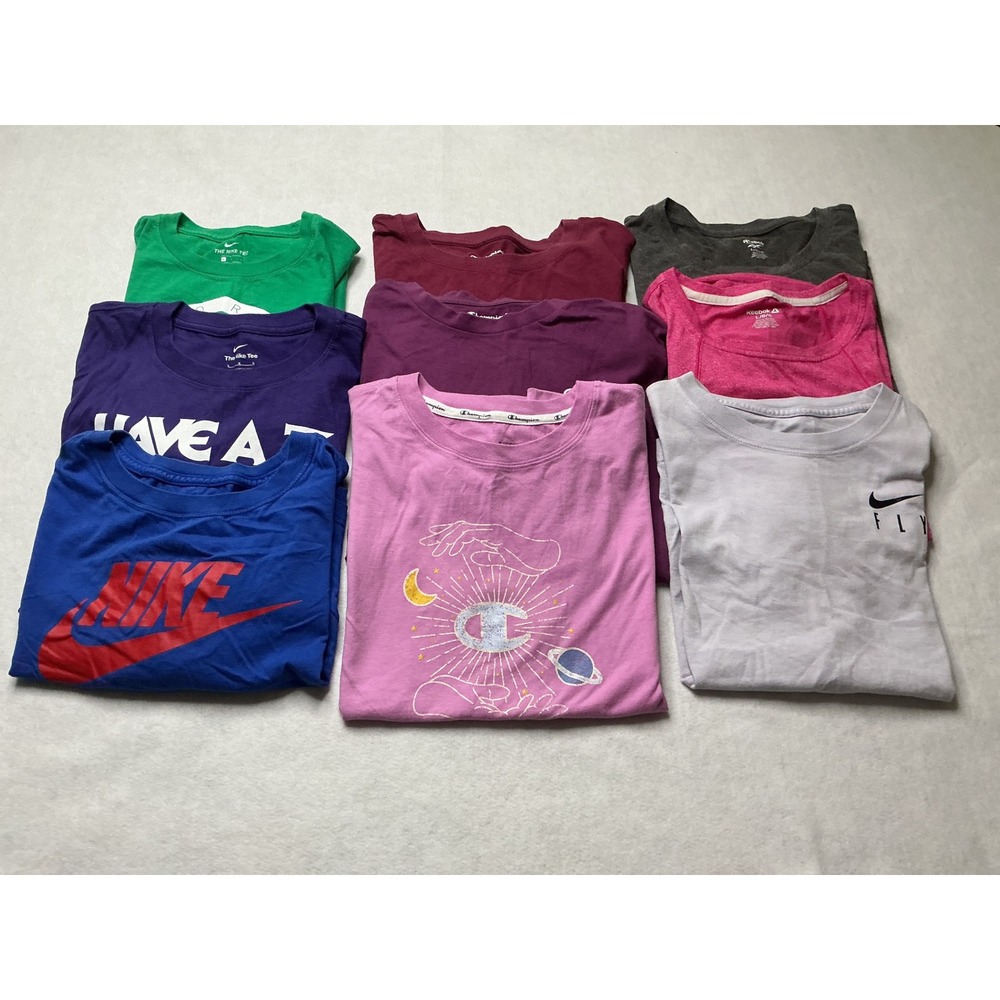 Nike Reebok Champion 9pc Bundle Women Large Graphic Athletic T-Shirts Lot - Picture 1 of 16